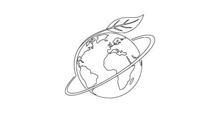 Earth globe with swirling orbit line and sprouting leaf icon, clean line art, eco concept © Azizi