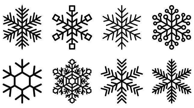 Modern Geometric Snowflake Vector Collection &ndash; Winter Crystal Snowflake Icons Bundle with Minimal Line Art Shapes for Christmas Holiday Decoration Design Elements