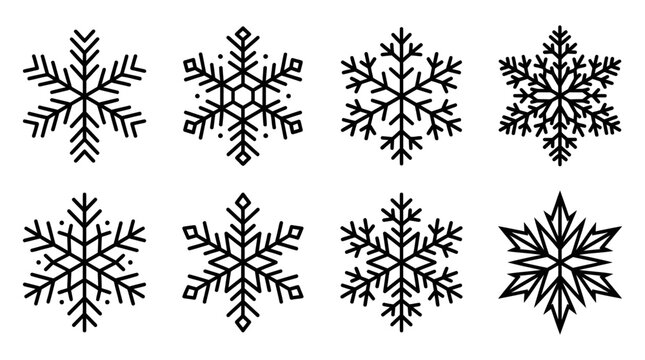 Modern Geometric Snowflake Vector Collection &ndash; Winter Crystal Snowflake Icons Bundle with Minimal Line Art Shapes for Christmas Holiday Decoration Design Elements