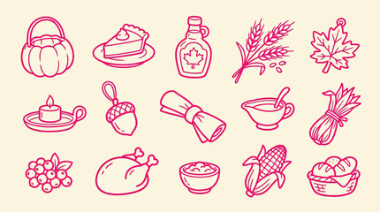 Collection of hand-drawn Thanksgiving icons including pumpkin, pie, turkey, corn, and maple syrup. © Clara