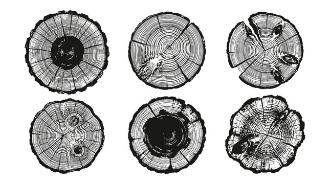 Detailed Vintage Wood Log Cross Section Collection &ndash; Realistic Tree Trunk Rings Texture Slice Illustration Set