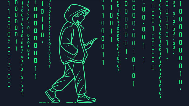 Digital Glitch Effect Person Walking with Binary Code Background, Futuristic Tech Illustration for Cyber Security, Data Privacy, Hacking Concepts
