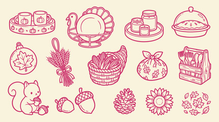 Thanksgiving Holiday Icons Collection Featuring Autumn Harvest and Festive Symbols. © Clara