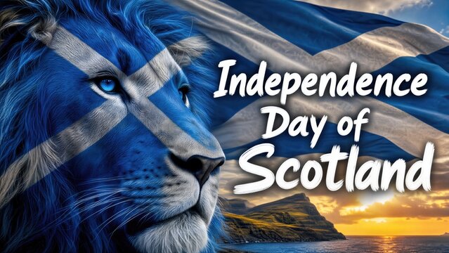Lion with Scottish flag pattern on fur representing national spirit. Independence Day of Scotland celebration poster. Symbol of strength, heritage and pride for Scottish state holiday.