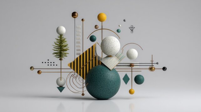 Complex geometric sculpture features an array of balanced abstract shapes and textures