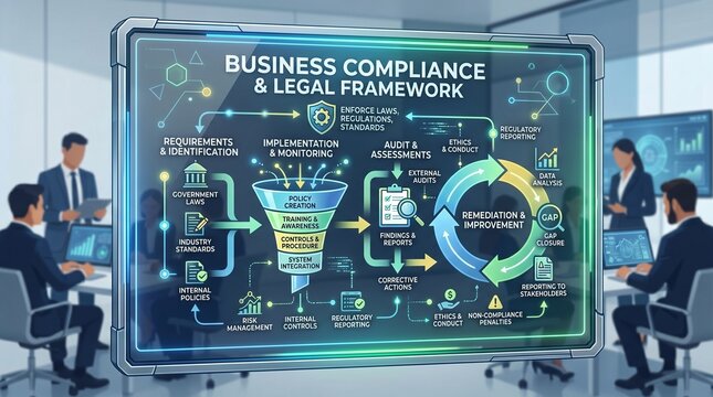 Business compliance and legal framework infographic with people in office setting discussing policy creation and implementation