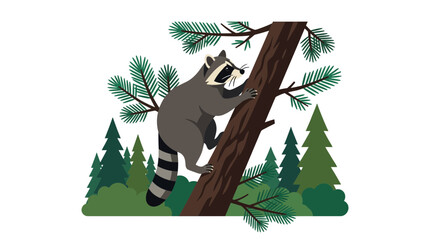 Raccoon Climbing Tree in Forest Illustration © tumpi