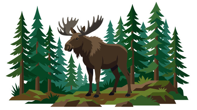Majestic Moose Standing in Evergreen Forest, Wildlife Illustration