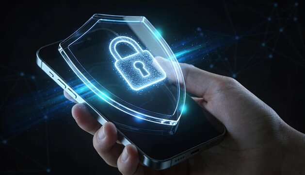 Cyber security data protection mobile phone digital lock internet network encryption secure connection online safety cyber defense technology concept glowing shield padlock icon network connection