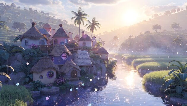 Magical Cartoon Riverside Village at Golden Sunrise with Floating Lanterns