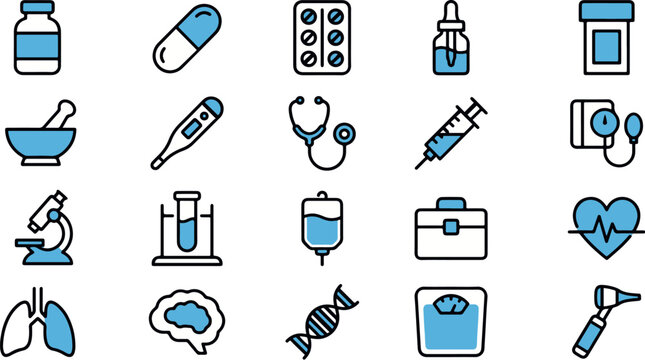 Pharmacy and health icon set. Medicine, bandage, prescription, treatment, and syringe symbols. Minimalist line and fill vector collection.