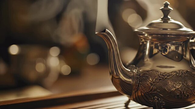 Vintage silver teapot with steam rising close up