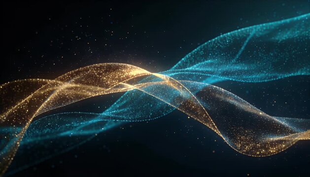 Abstract wave golden particle blue light glowing swirl futuristic background digital art glitter dust energy flow premium design luxury pattern gold wave teal wave abstract glowing particle light