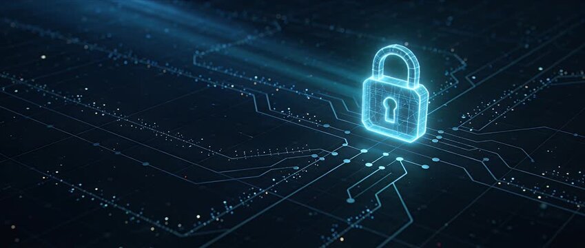 Cyber security data protection digital lock technology network encryption firewall internet safety cyber defense information security glowing digital lock over circuit board network symbolizing