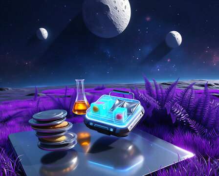 Futuristic science lab setup with alien landscape and moons in the sky