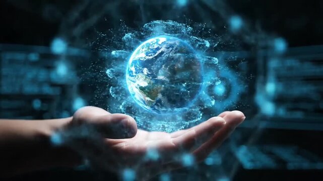 A glowing digital Earth floating above human hands represents global innovation, futuristic technology, connectivity, sustainability, and worldwide digital transformation.