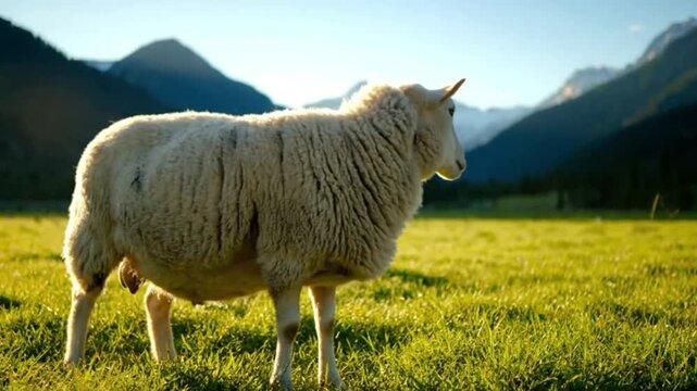 A fluffy sheep stands peacefully in a lush green meadow surrounded by breathtaking mountains under soft natural sunlight, creating a calm countryside scene full of serenity and beauty.