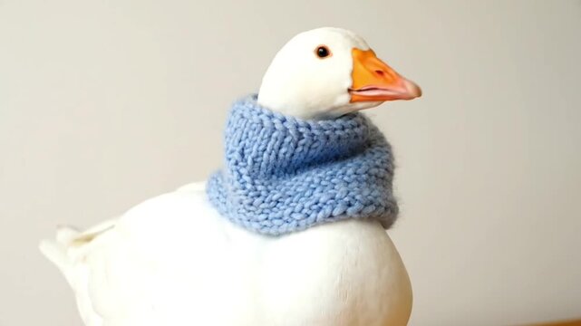 A charming white duck wearing a cozy knitted scarf creates a delightful winter portrait filled with warmth, humor, seasonal charm, adorable personality, and soft simplicity.