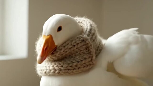Cute white duck wrapped in a cozy knitted scarf creating a charming winter portrait. perfect for animal, seasonal, warmth, comfort, and adorable pet concepts.