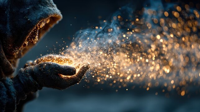 Person, hooded, exhales a shimmering golden cloud from their cupped hands