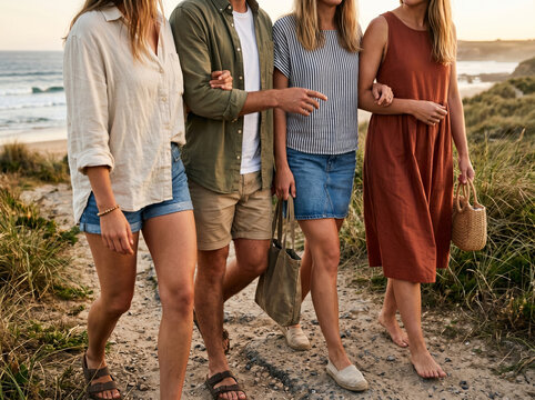 Group of friends walking on beach.