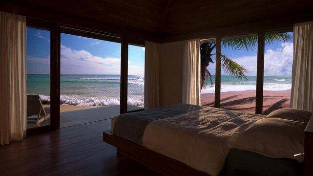 luxury 5-star hotel suite, bedroom with beautiful sea view, endless looped animation, 4K desktop wallpaper
