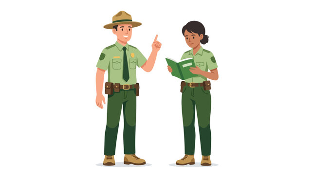 Professional Park Rangers Illustration featuring male ranger pointing and female ranger reading manual in green uniforms on white background ideal for environmental education and conservation.