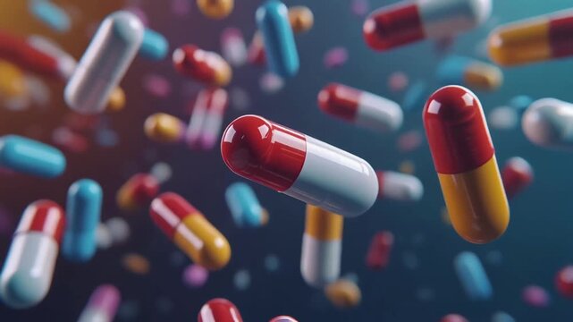 Colorful pharmaceutical capsules floating in a clean medical environment symbolize healthcare, medicine, pharmacy, treatment, scientific research, and modern drug development.