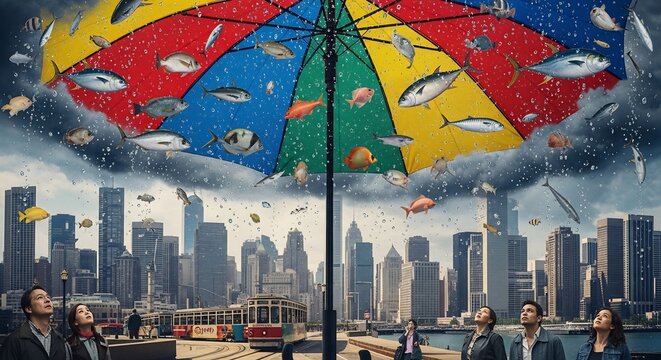 Colorful umbrella raining fish over city