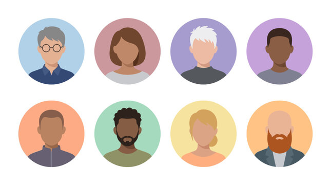 Diverse People Avatars Collection of eight flat design human profile icons in colorful circles ideal for UI design, website team pages, and social media profile placeholders.