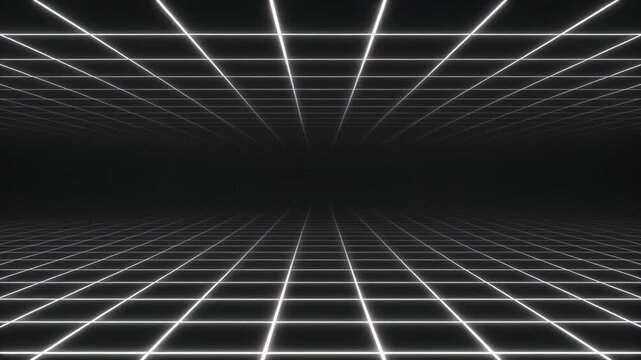 Cinematic Slow Drift Through Infinite Three Dimensional Grid Lattice in Dark Digital Space Background Loop