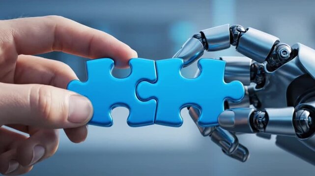 A robotic hand connects blue puzzle pieces, symbolizing technological integration, machine intelligence, innovation, and digital collaboration.