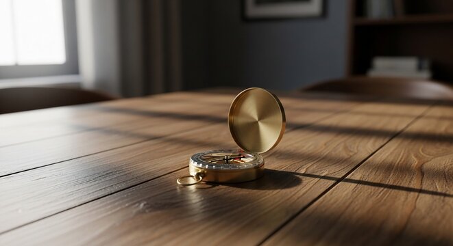 Compass on wooden table