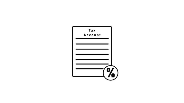 A black and white line showing a document titled Tax Account with horizontal lines and a percentage symbol within a circle, isolated on a white background