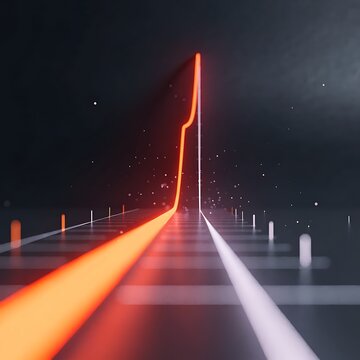 Rising glowing neon line graph representing vertical stock market growth and economic success on dark surface with business investment analysis corporate performance financial strategy