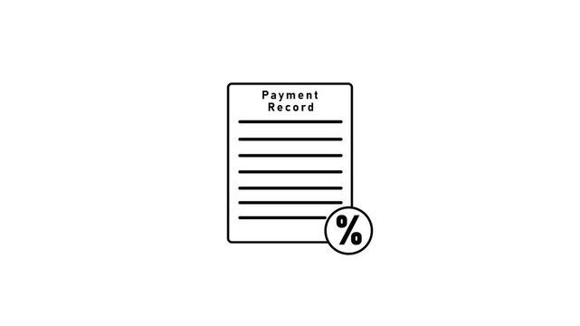 Minimalist line depicting a payment record document with horizontal lines and a percentage symbol in a circle on a white background. Keywords: payment, record, document, financial, finance