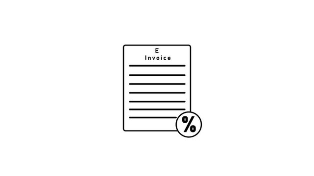 Simple black and white line representing an electronic invoice with horizontal lines and a percentage symbol in a circle on a white background