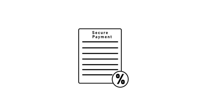 Black and white outline of a secure payment document with lines of text and a percentage symbol within a circle on a clean white background