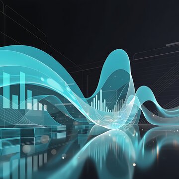 3D digital financial data visualization with glowing blue wave graphs and bar charts analytics statistics business visualization technology information performance dashboard