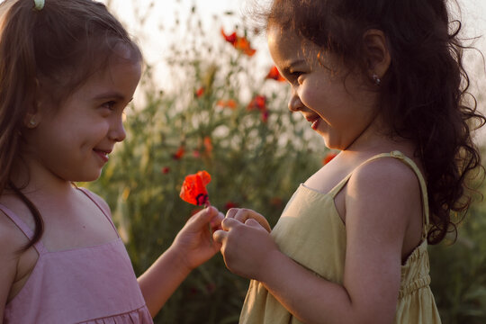 The sisters are standing in a field