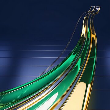Abstract curving green and gold metallic ribbon design elements on dark blue background with abstract metallic background structure composition backdrop artistic rendering innovation