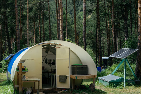 Camping experience in eco-friendly glamping setup near sunny beach