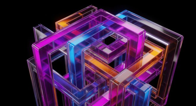 Vibrant abstract 3D geometric cube structure with neon color gradients on black background
