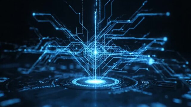 A radiant digital energy core sends data streams through advanced circuits, representing innovation, computing, and network intelligence.