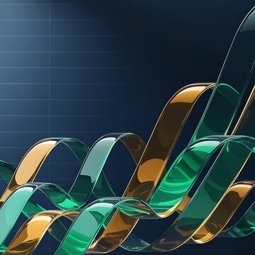 Elegant flowing green and gold glass ribbons on dark backdrop with abstract background translucent reflective artistic structure movement graphics composition wallpaper futuristic