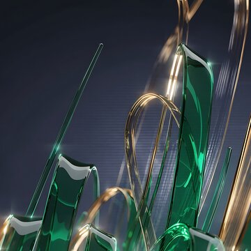 Close up abstract view of flowing green and gold glass financial structures with abstract business investment analysis corporate performance statistics reflection transparency