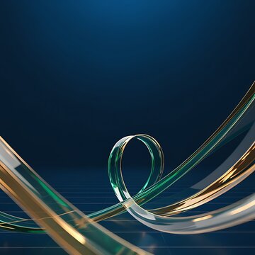 Minimalist 3D abstract render of swirling green and gold glass ribbons representing financial growth with abstract business investment analysis rendering corporate performance