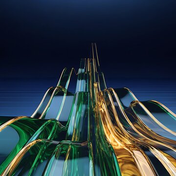 Abstract financial market display with rising green and gold glass geometric shapes business investment analysis abstract rendering exchange corporate financial performance