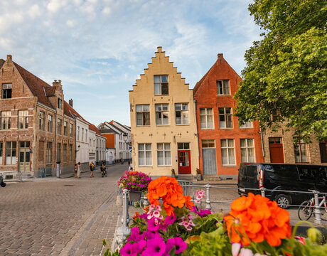 Historic Street With Unique Buildings and Vibrant Flowers in Bruges