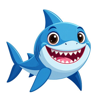 A cute, cartoonish illustration of a blue shark with a wide, toothy grin and big eyes, depicted swimming in the ocean